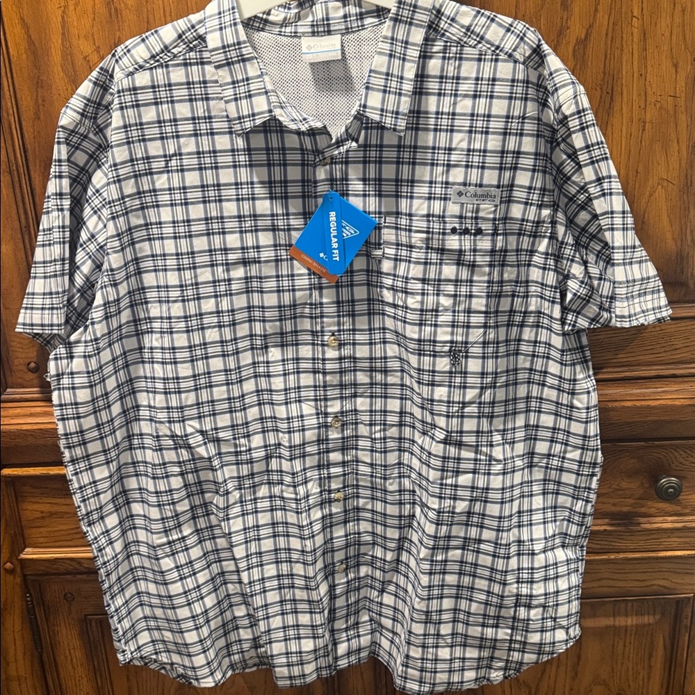 LOT OF 2 Columbia PFG Navy and White Checkered Shirt and teal & white checkered